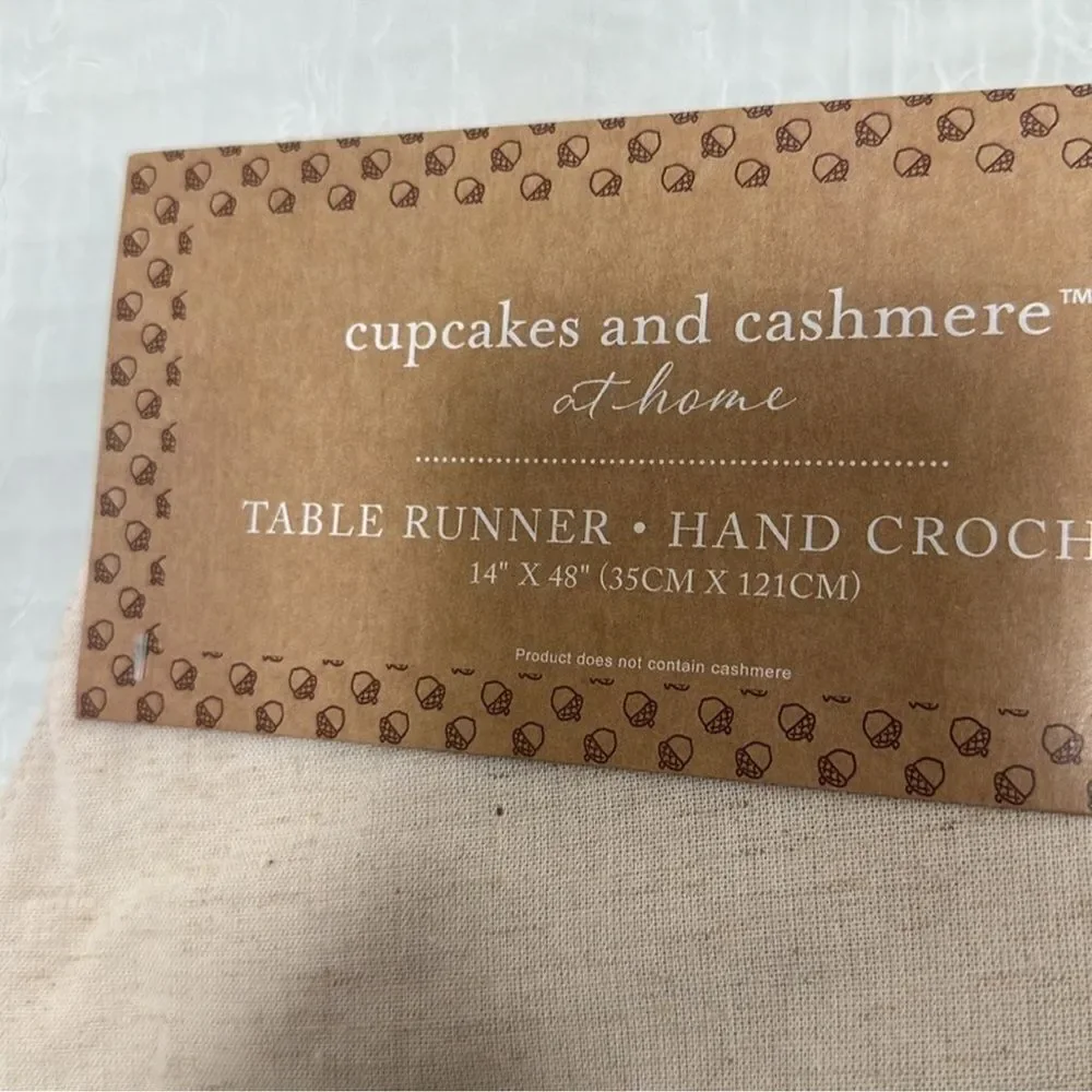 cupcakes & cashmere Ivory Linen White Rust Brown Crochet Pumpkins Table Runner